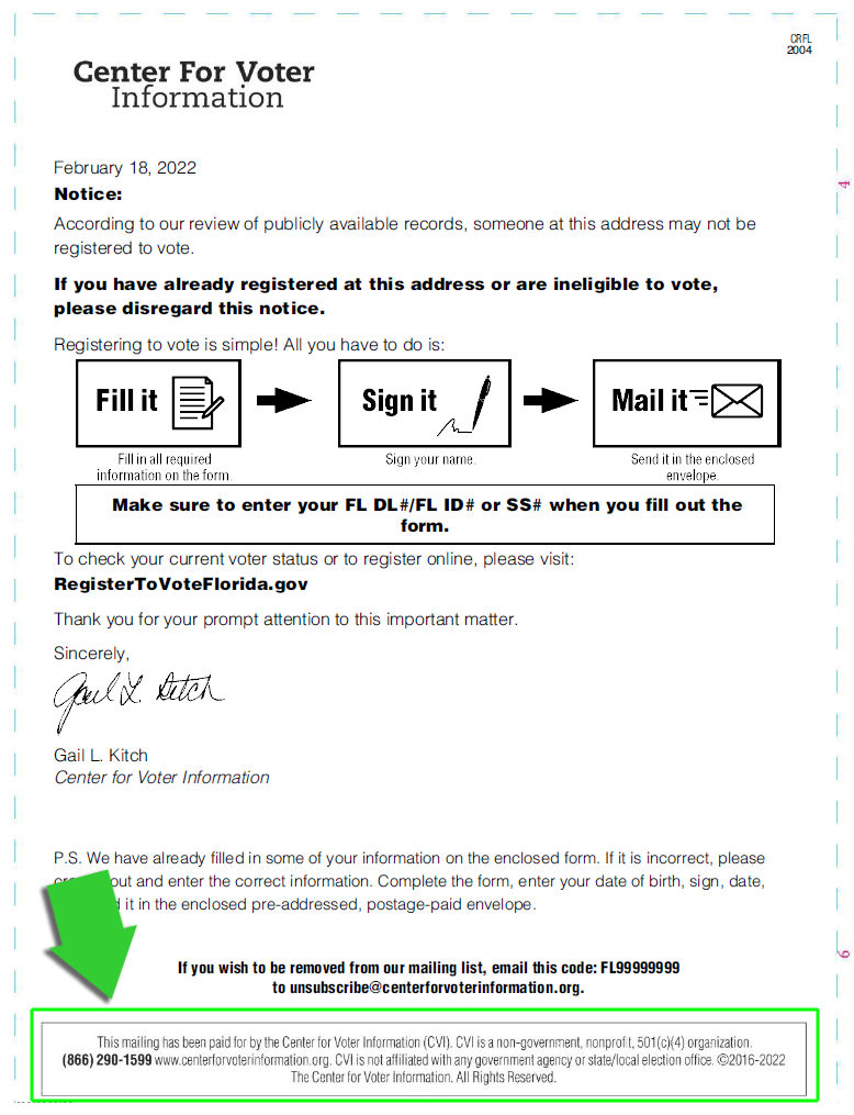 Center for Voter Information Mailing example